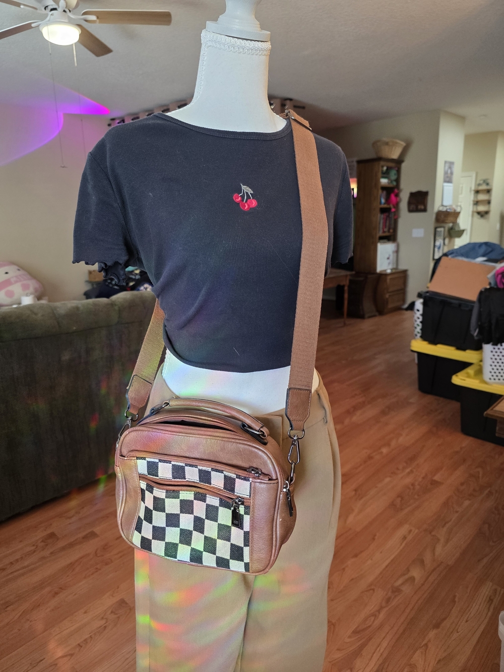 Tan Crossbody Bag with Checker Front Pocket - Women